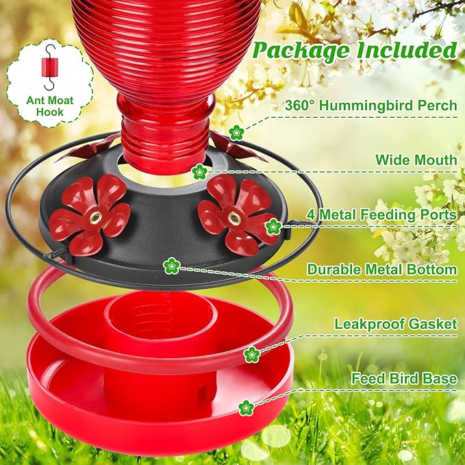 FEED GARDEN Glass Hummingbird Feeder for Outdoors Hanging, 20 OZ Humming Birds Feeders with 6 Bee Guard Feeding Ports & Built-in Ant Moat, Bird Feeder for Outside, Red,2 Pack