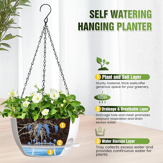 10 Inch Self Watering Hanging Planters, 3 Pack Plastic Plant Pots | Sturdy lightweight pot with side watering lip, drainage holes, snap-on detachable tray & hanging chain for easy care