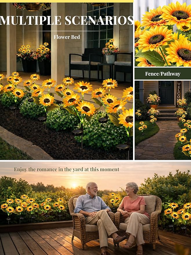GIGALUMI Solar Garden Lights Artificial Sunflowers, LED Garden Decor Carefree Sunflower Solar Lights Outdoor Yard Decorations Outdoor, Everlasting Sunflower Decor Gift for Yard Patio (Set of 2)
