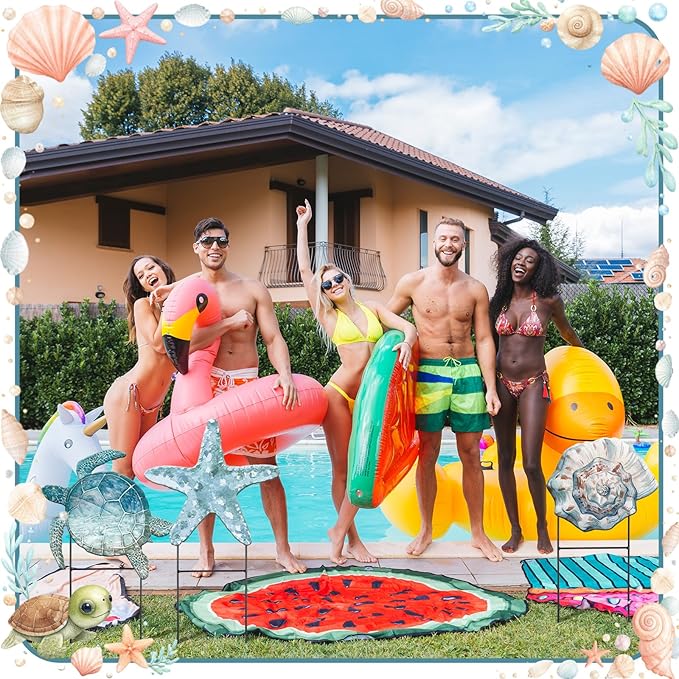Moxweyeni 3 Pcs Metal Beach Outdoor Decoration 25 Inch Summer Ocean Theme Yard Sign Turtle Starfish Conch Coastal Outdoor Stakes for Garden Pool Lawn Holiday Party Take Photos