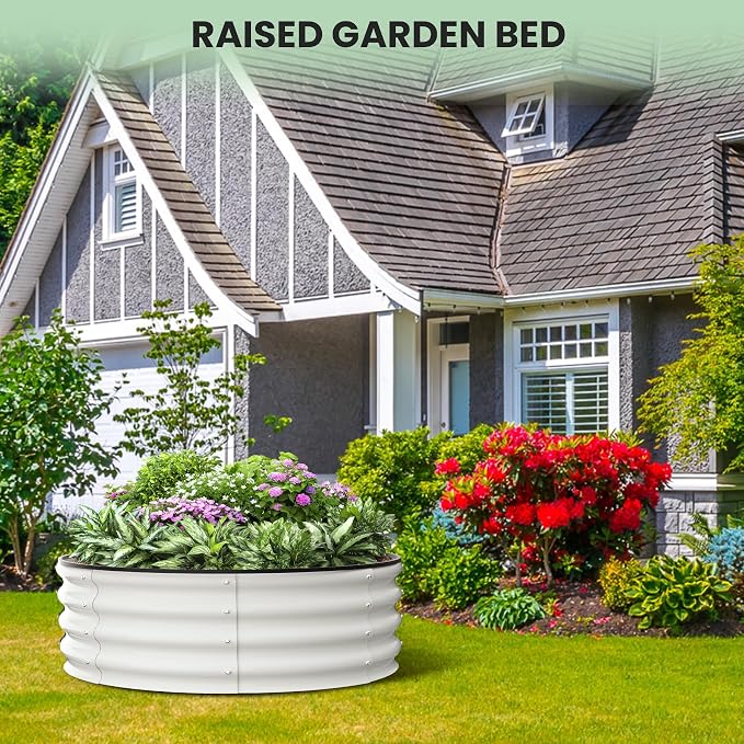 Garvee Galvanized Raised Garden Bed, 2Pcs Raised Garden Beds Outdoor, Round Planter Raised Beds with Gloves and Rubber Edge Trim for Vegetables, Flowers and Herbs, 3x3x1 FT, White