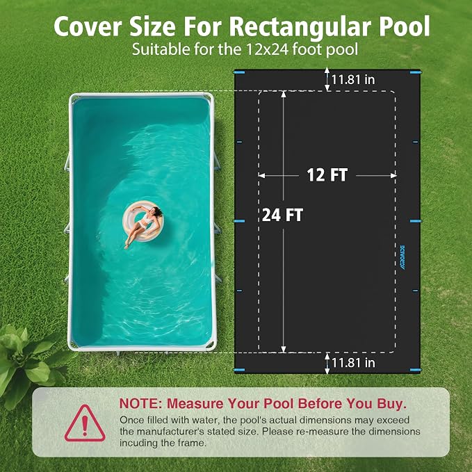 12x24 Ft Rectangular Pool Cover Above Ground, 3-in-1 Super Windproof System, Upgraded Seamless Side Design with Fast Ratchet Tie Downs - All Season Use, Tear Resistant, UV & Dust Proof