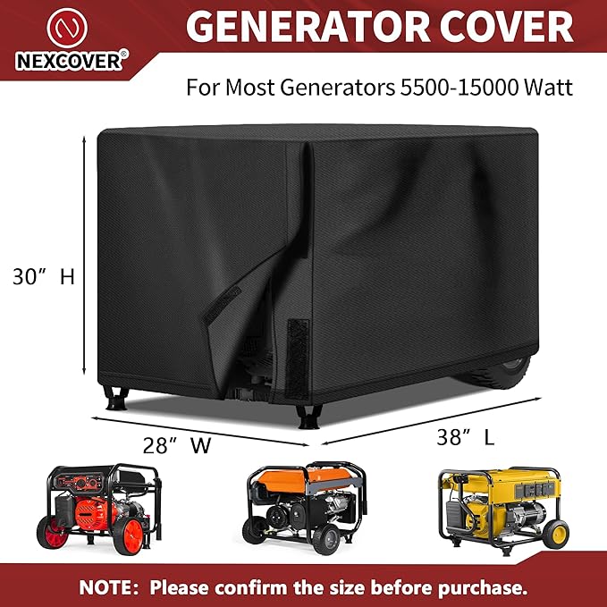 NEXCOVER Waterproof Universal Generator Cover - Weather/UV Resistant Cover 38 x 28 x 30 inch, for Most Portable Generators 5500-15,000 Watt, Black