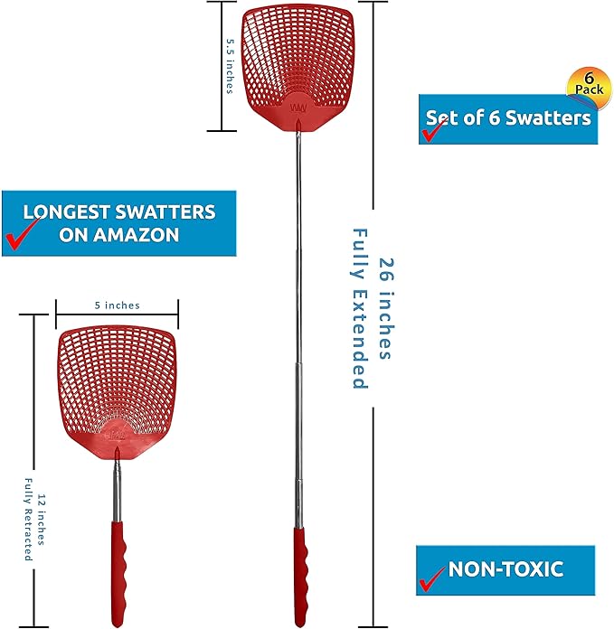 Bug & Fly Swatter – Retractable Extra Long Extendable Handle 6 Pack Fly Swatters – Indoor/Outdoor – Pest Control flyswatter