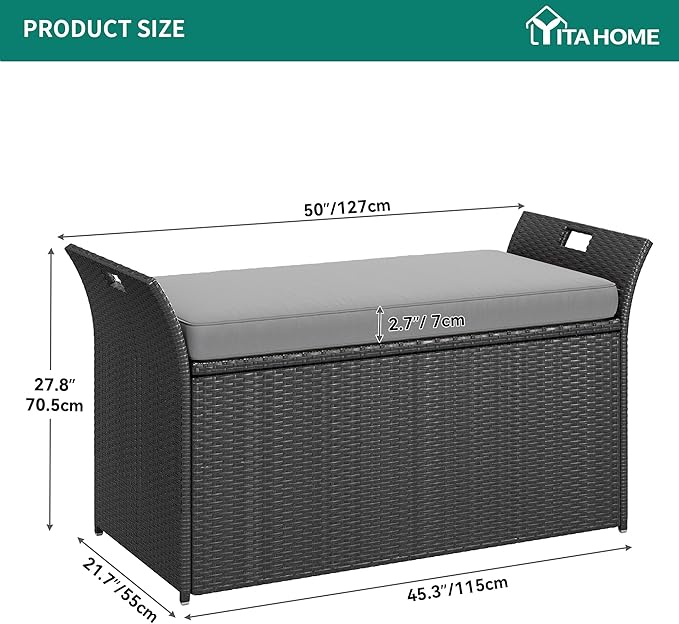 YITAHOME 90 Gallon Outdoor Wicker Storage Bench w/Cushion, Large PE Rattan Deck Storage Box w/Handles & Hydraulics for Patio Furniture, Cushions, Garden Tools, Pool & Sports Equipment, Black&Grey