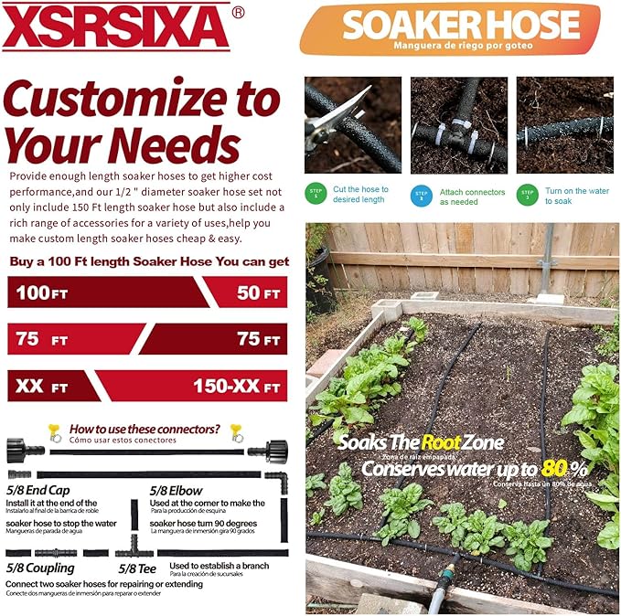 150FT Heavy Duty Soaker Hose – 1/2" Ultra-Flexible Rubber with Reinforced Core, 20% Stronger Stretch & Even Water Flow for Gardens, Lawns, Raised Beds (Drip Irrigation Hose Kit)