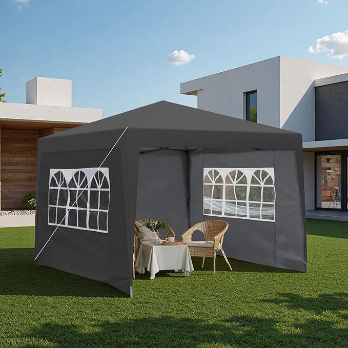 10x10FT Canopy Tent, Outdoor Gazebo Pop up Canopy with 4 Removable Sidewalls & 2 Windows, Patio Camping Shade Canopy with 4 PCS Weight Sand Bag & Carry Bag, Ideal for Parties Events, Black