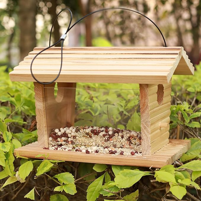 STARSWR Bluebird Feeder Outside,Mealworm Bird Feeder for Outdoors Squirrel Proof Hanging Birdhouse Feeder Wooden Bird House Feeder for Cardinal，Finch