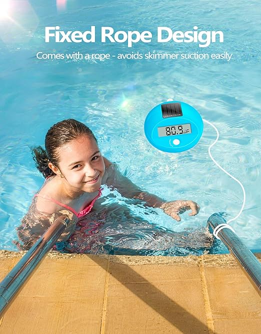 LuxBlue Floating Pool Thermometer Solar Powered | Large LCD Display- Easy to Read | IP68 Waterproof Digital Pool Thermometer with String | Ultra-Precise Pools Water Temperature Gauge for Hot Tub, Spa