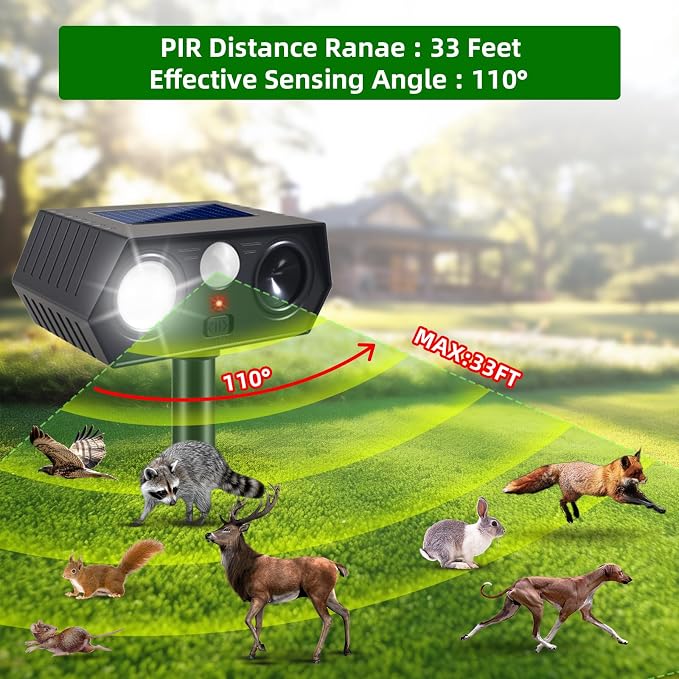 4Pack Solar Ultrasonic Animal Repellent Outdoor, Deer Deterrent Devices with Motion Sensor, Cat Repellent with LED Flash Lights to Scare Squirrel Rabbit Raccoon Skunk Dog for Yard