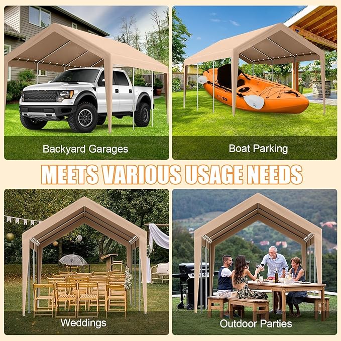 12'x20' Canopy Replacement Cover,Beefull Carport Replacement Canopy for Car Garage, Waterproof & UV Protected Tarp with Ball Bungees, Beige(Frame is not Included)