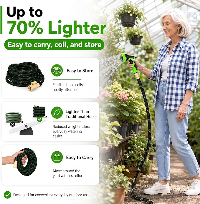 Flexible Garden Hose, Ultra Lightweight Water Hoses 50FT w/10 Function Sprayer and 3/4" Brass Fittings, Kink-Free, Sturdy, Abrasion Resistant for Yard, Lawn, Outdoor and Gardening