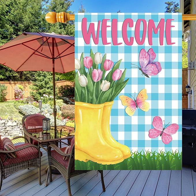 Spring House Flag 28"x40" Yellow Rain Boots with Tulips Butterflies Blue Gingham Welcome Double Sided Garden Decor for Yard Porch Outdoor