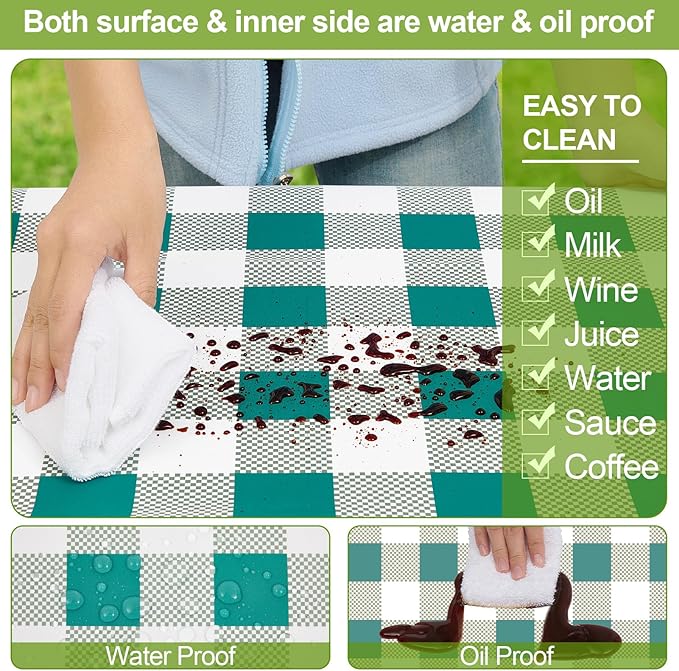 Picnic Table Cover with Bench Covers Camping Essentials Waterproof Windproof Camping Tablecloth with Drawstring Bag, Fitted Rectangle Tables and Seats, 72in, White Green Checkered