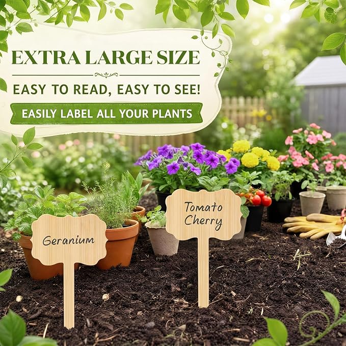 Hicarer 15 Pcs 9.4" x 5" Extra Large Bamboo Garden Markers, Retro Style Natural Wood T-Type Large Plant Labels for Herbs, Flowers & Vegetables – Easy to Read Full-Size Tags for Garden Outdoor