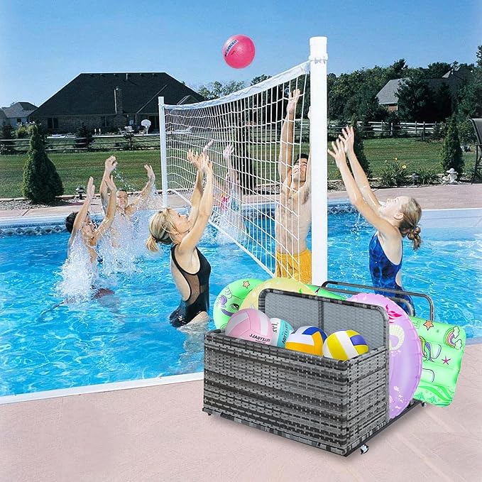 Garvee Double Layer Poolside Float Storage Organizer, Outdoor Wicker Pool Storage Bin for Floats & Toys, Rolling Poolside Storage Rack for Pool Toy Noodles Equipment Accessroies
