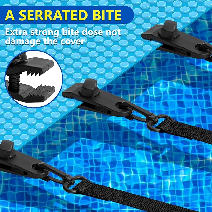 codree 24 Pcs Pool Solar Cover Reel Attachment Kit, Inground Swimming Pool Solar Cover Straps and Clips, Solar Blanket Strap Kit Including 8 Straps with Hooks, 8 Clips and 8 Touch Fastener (Black)