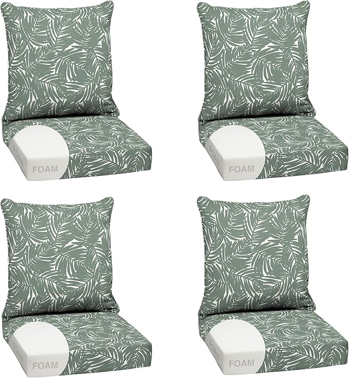 Arden Outdoor Foam Deep Seat Cushion Set (4-Pack), 24x24, Premium High-Density Foam, Never Flattens, Weather-Proof for Patio Chair Sofa Couch, Sage King Palm