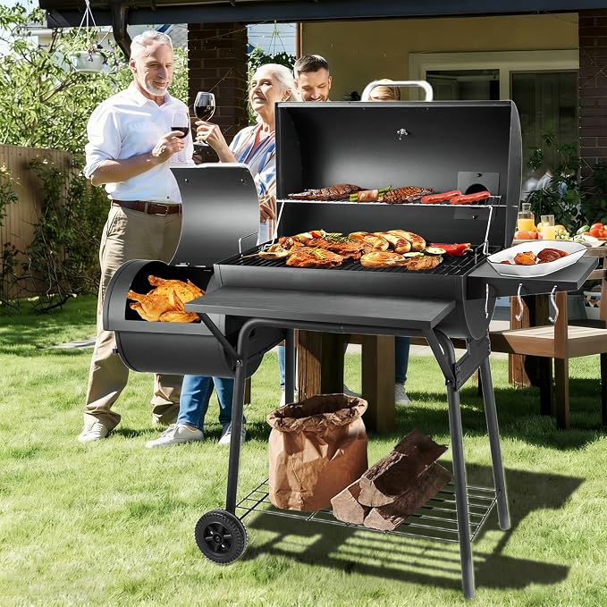 Kendane Barrel Charcoal Grill with offset smoker, 714 Square Inches Cooking Area, Outdoor BBQ Grill with Front and Side Shelf, Perfect for Backyard, Patio Parties and Picnics