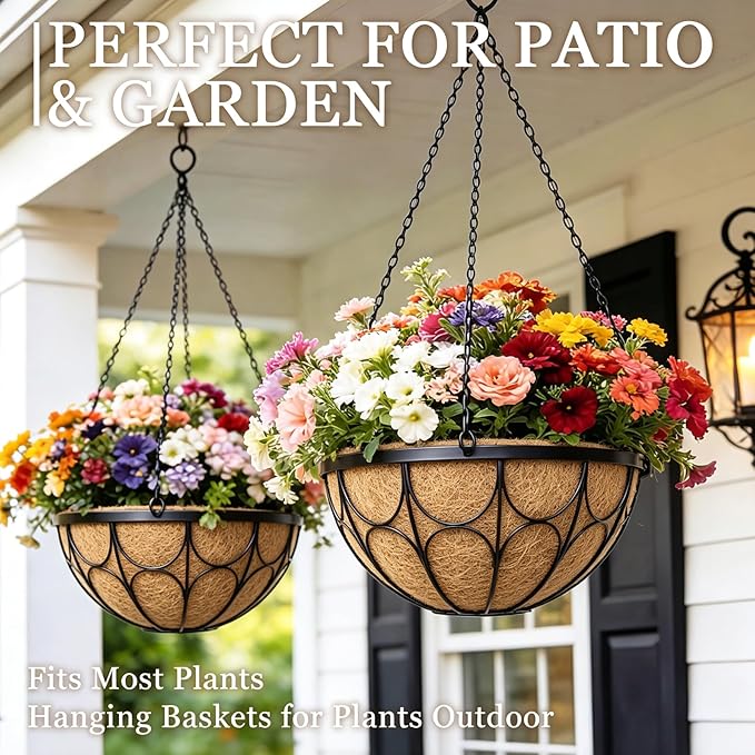 4 Pack 12 Inch Hanging Planters for Outdoor Plants，Large Wire Flower Hanging Basket with Coco Liners for Balconies, Patios, Porch, Terraces Decor
