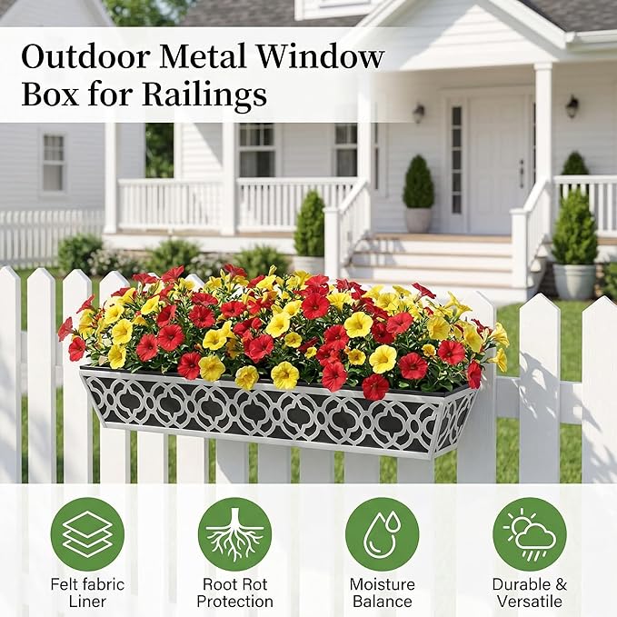 HFHOME 2 Pack 36 Inch Railing Planter Boxes with Adjustable Brackets & Non-Woven Fabric Liner Adjustable Gray Metal Window Box Planter for Balcony Deck Fence, Hanging Flower Basket for Outdoor Garden