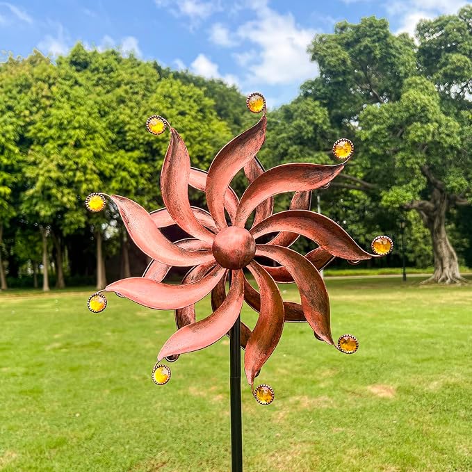 Wind Spinners Outdoor, Willow Leaf Double-Sided 360° Kinetic Wind Spinner with Acrylic Beads and Stake, Metal Garden Yard Decor (13.3" Dia x 54" H)