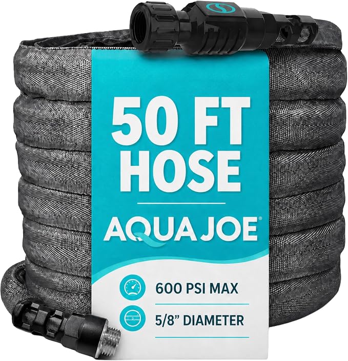 Aqua Joe FiberJacket Garden Hose, Lightweight and Kink-Resistant, Durable Fabric Hose with Metal Fittings, 600 PSI Max, 50' x 5/8" Diameter