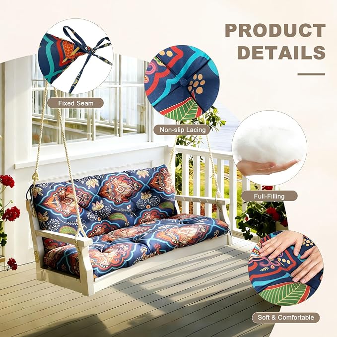 Porch Swing Cushion with Backrest,Waterproof Bench Cushion for Outdoor Furniture,2-3 Seater Replacement Thickened Swing Cushion with Ties,Patio,Outdoor,Backyard and Garden (Bohemian,40x40)