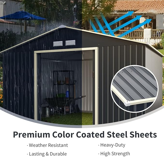 Goplus Outdoor Storage Shed, 11' X 8' Metal Garden Shed with 4 Vents & Double Sliding Door, Utility Tool Shed Storage House for Backyard, Patio, Lawn