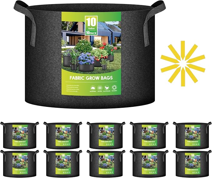 iPower 10 Gallon 10 Pack Grow Bags Nonwoven Fabric Pots Aeration Container with Strap Handles for Garden and Planting, 10-Pack Black, 10 Gallon