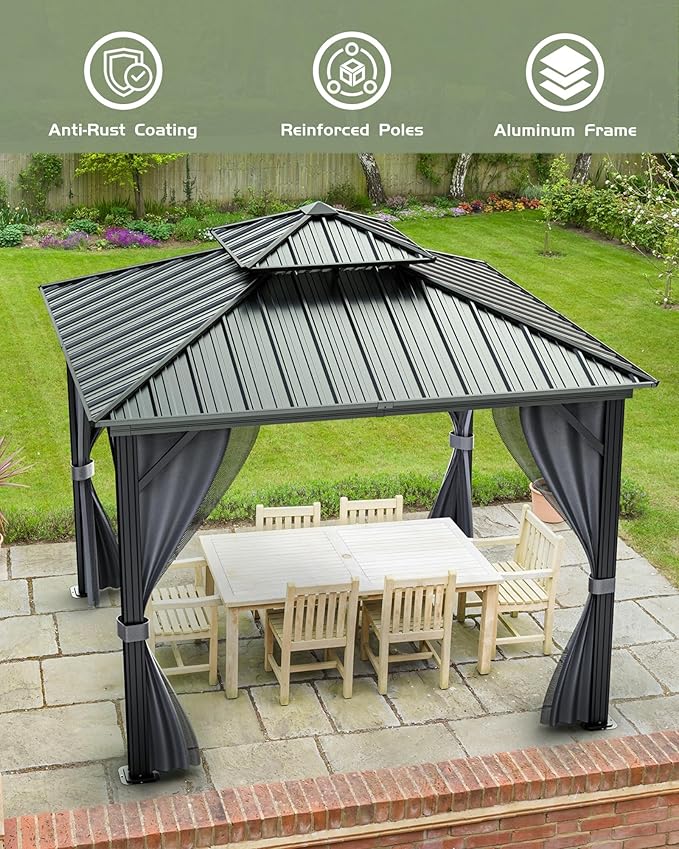 Outdoor Gazebo 12x12 Hardtop, Aluminum Frame Permanent Pavilion with Double Roof, Mosquito Netting & Privacy Curtains for Patio, Garden, Deck, Lawn and Backyard Parties