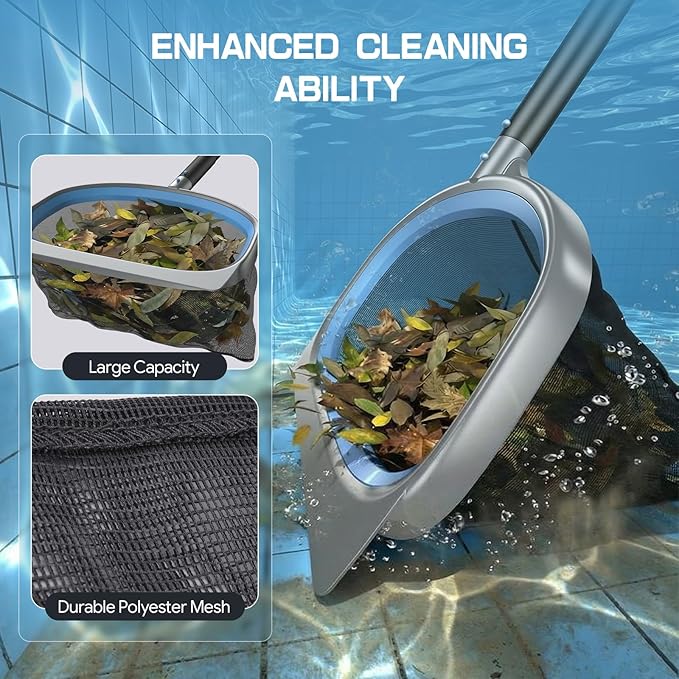 UIRWAY 6-in-1 Deluxe Swimming Pool Cleaning Kit - Includes Detachable Pool Brush, Deep Leaf Skimmer & Fine Mesh Net, Small Brush, Gloves, Adjustable Aluminum Pole Inground & Above Ground Cleaning