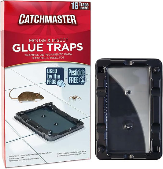 Catchmaster-16 Mouse & Insect Glue Traps, Heavy-Duty Pesticide-Free Sticky Mouse Traps Indoor for Home, Used by the PROs, Adhesive Rodent & Bug Catcher, Pest Control for House & Garage