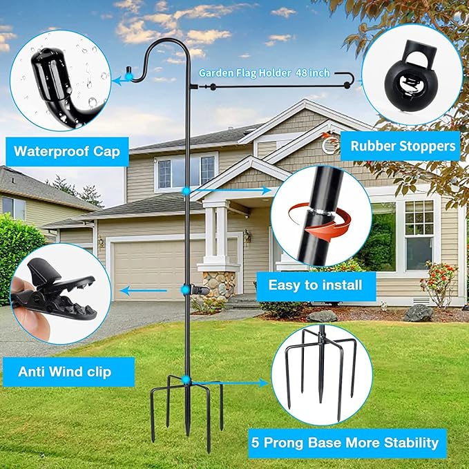 Garden Flag Holder Stand and Shepherds Hooks, 48 Inch Height with 1/2 Thick Metal Pole-Outdoor Lawn Yard Stake for Small 12x18, Solar Lights-Mini (1), Black (GFSH-X1)