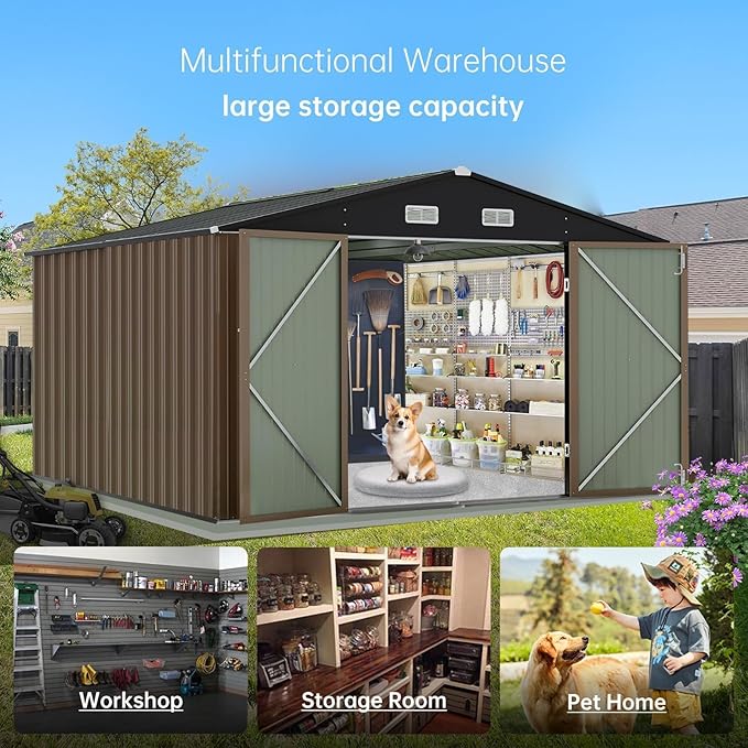 12X10FT Metal Outdoor Storage Shed, Galvanized Steel Garden Tool Shed with with Lockable Door & Vents,Waterproof All-Weather Utility Tool Shed for Lawn Mower, Bike