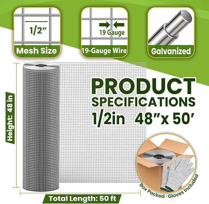 1/2 inch 48in x 50ft Hardware Cloth Chicken Wire Fencing 19G, Hot Dipped Galvanized After Welding, Wire Mesh Roll, Garden Fence,Poultry and Rabbit Barrier, Outdoor Metal Fencing