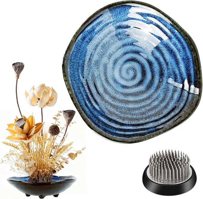 Ikebana Vase Kit - Flower Frog Bowl Set, Japanese Inspired Ceramic Vase with Metal Floral Frog, Flower Stem Holder Bowl Flower Arrangement Decoration (Blue-Small)