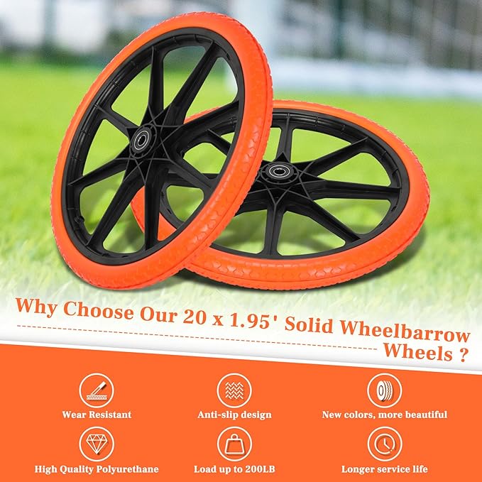 Upgraded 20x1.95" Flat Free Tires Compatible with rubbermaid Wheelbarrow Wheels, 20" Flat Free Tires with 5/8" and 3/4" Bearing Replacement for rubbermaid Cart Wheels/Big Wheel Utility Carts