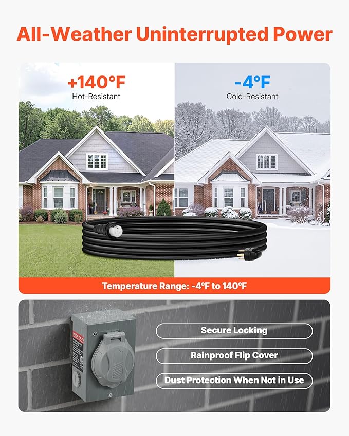 VEVOR 50 Amp Generator Cord and Power Inlet Box, 30FT, 125V/250V STW 6/3 + 8/1 AWG Extension Power Cord, NEMA 14-50P to SS2-50R, Twist Lock Connector, Inlet Box Kit, for Generator to House, ETL Listed