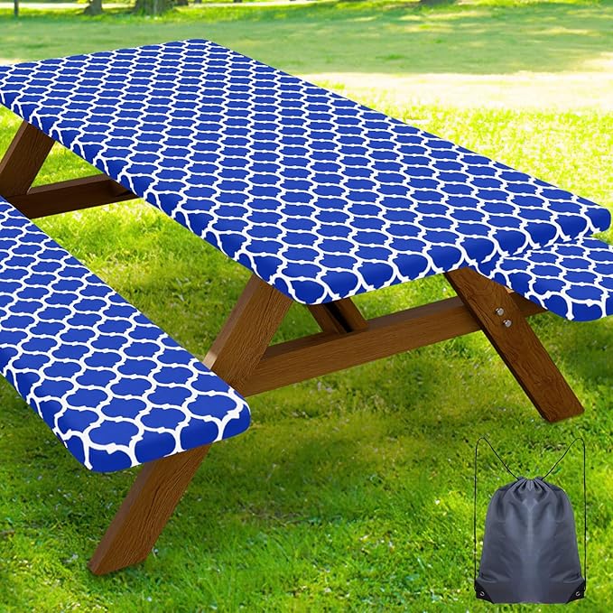 Smiry Picnic Table Cover with Bench Covers, Waterproof Elastic Fitted Tablecloth for 6 Foot Tables, Washable Polyester Tablecloths for Camping, Indoor & Outdoor (Blue, 30x72 Inch 3-pc Set)