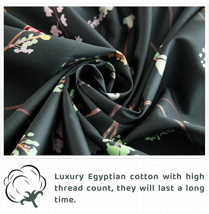 QSH Floral Egyptian Cotton Sheets Queen Size - Elegant Navy Botanical Pattern Printed Bedding Sheets Queen Size Bed Extra Soft and Breathable 4pcs Deep Pockets Bed Sheets