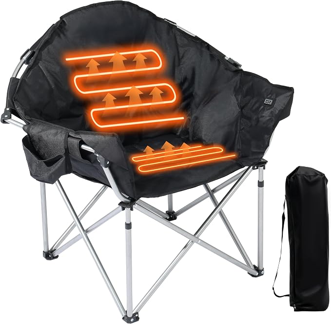 SunSettler Oversized Heated Camping Chair, Outdoor Camp Chairs with 3 Heat Levels, Portable Folding Padded Chair for Camp, Lawn, Sports (Black, Oversized)