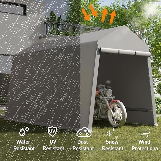 7X12FT Heavy-Duty Portable Outdoor Shelter Shed - Waterproof UV-Resistant Carport with Roll-Up Zipper Doors & Vents, Anti-Snow Motorcycle Garage Tent, Grey