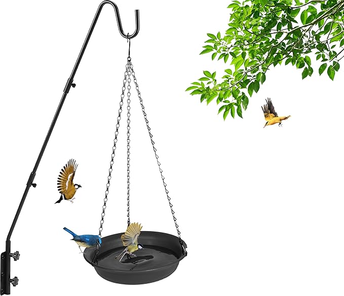 VUWEZ Hanging Bird Bath, Hanging Bird Water Feeder for Outdoors, Feeder Bowl, 1 Pack Birdbath Tray Accessories for Outside, Plastic Birdbaths Tray for Garden Patio Decoration (10", Dark Black)