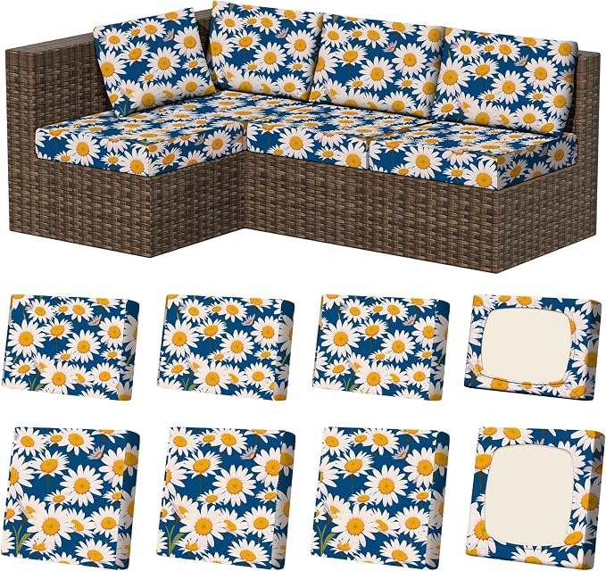 8Pcs Stretch Patio Cushion Covers, Outdoor Couch & Sofa Replacement Slipcovers for Patio Furniture Cushion Covers, Washable Reusable Furniture Protector