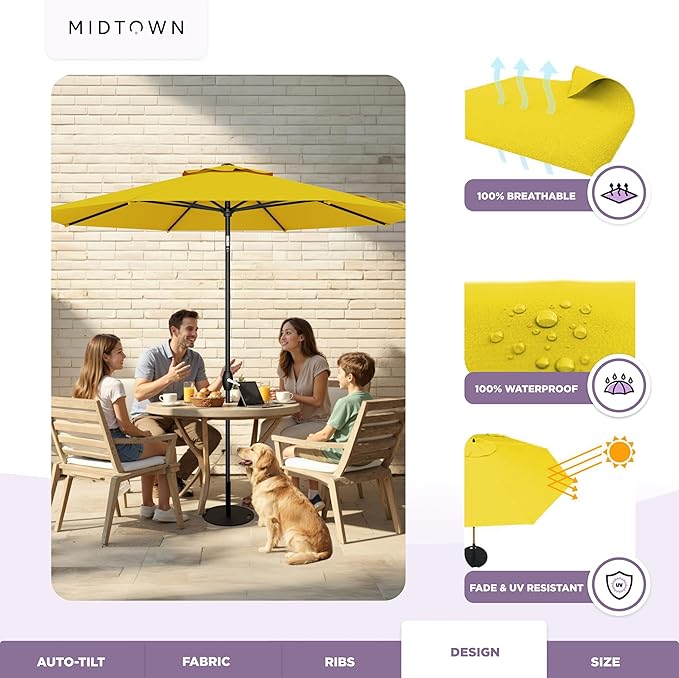 Midtown Umbrellas - 10-Year-No-Fade 9 Ft Patio Umbrella with Terylast Fabric, Auto-Tilt Aluminum Frame and 8 Reinforced Ribs for Deck, Pool, Garden & Beach - Sunflower Yellow Canopy, Black Pole