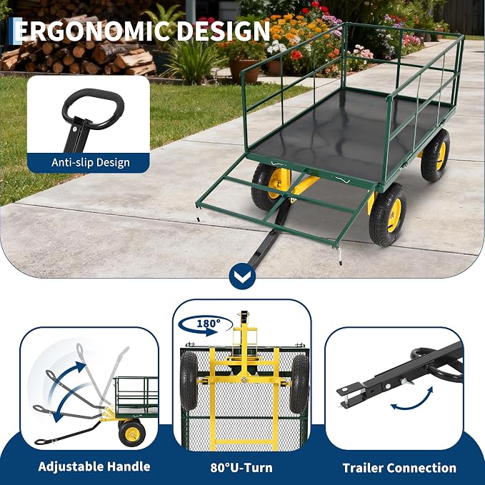 Heavy Duty 1500 Lbs Capacity Mesh Steel Garden Cart Folding Utility Wagon with Removable Sides, Garden Cart on Wheels for Gardening Soil, Tools, and Plant Transport