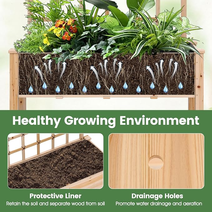 COSTWAY Wooden Raised Garden Bed with Trellis, Mobile Elevated Planter on Wheels, 285 lbs Capacity with Liner & Drainage Holes, Freestanding Outdoor Box for Climbing Plants, Vegetables, & Herbs