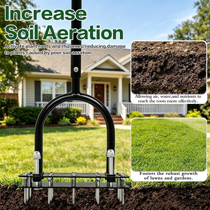 Lawn Aerator, Automatic Dirt and Leaf Clean Design, Heavy Duty Manual Lawn Aerator Tool with 15 Iron Spikes, Height Adjustable, Yard Grass Aerator for Lawn.