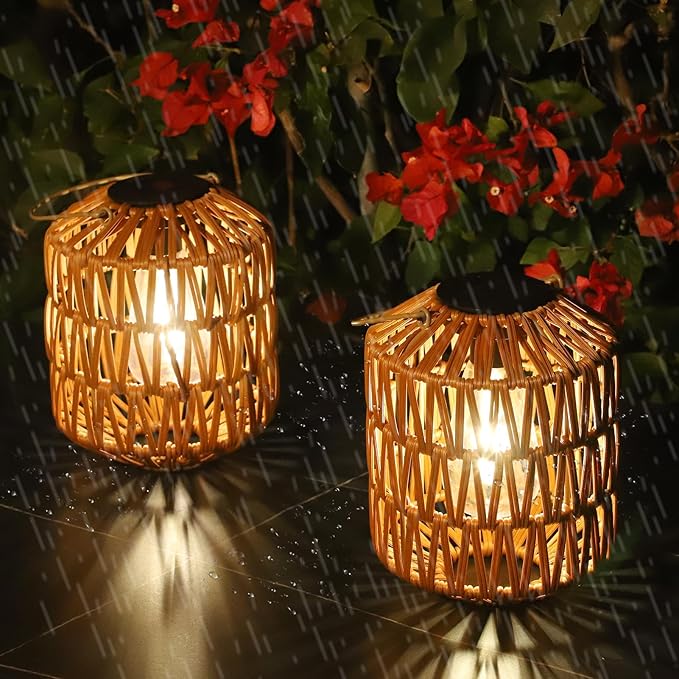 2 Pack Solar Lanterns Outdoor Waterproof, Rattan Solar Lights for Yard, Outdoor Garden Lights, Hanging Lanterns Decorative Birthday Gifts for Mom Grandma, Outdoor Lanterns for Porch, Patio, Pathway